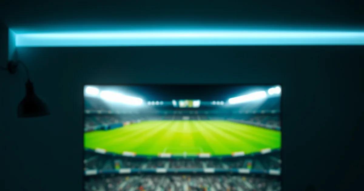 Donkere huiskamer in de avond met een tv die een voetbalveld toont en een streaming-apparaat aangesloten op de tv