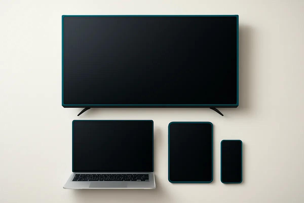 Eén iptv abonnement op smart-tv, streamingstick, tablet en telefoon in een lichte woonkamer