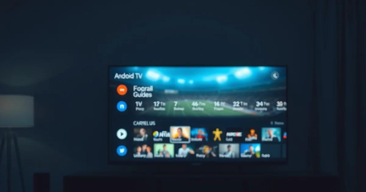 Donkere woonkamer met een televisie die een tv-gids met meerdere kanalen en een voetbalwedstrijd toont
