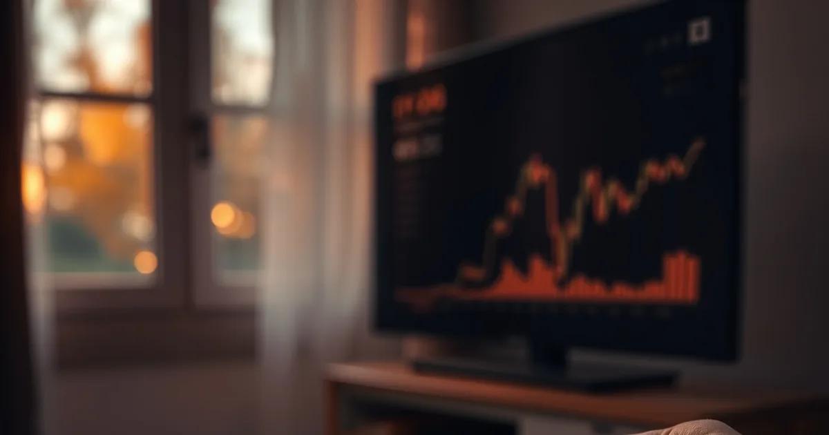 Close-up van een rekenmachine en een streamingstick naast een tv, met een notitieboekje voor jaarbudget op tafel in avondlicht