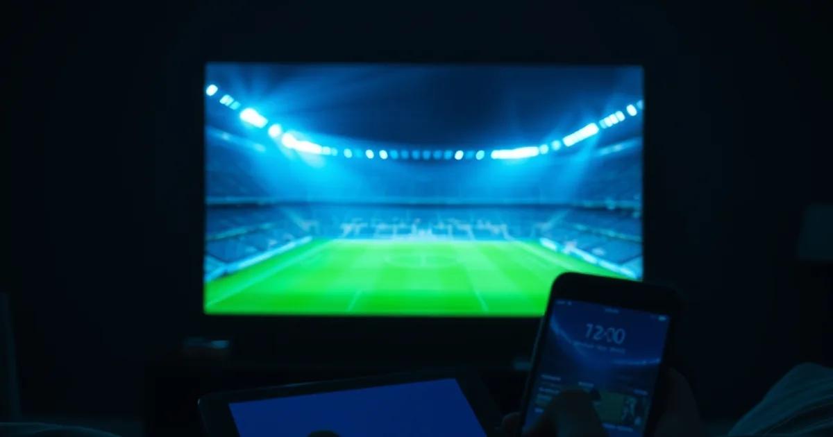 Donkere huiskamer waarin een tv, tablet en smartphone tegelijk verlicht worden door het koele stadionlicht van een live voetbalwedstrijd.