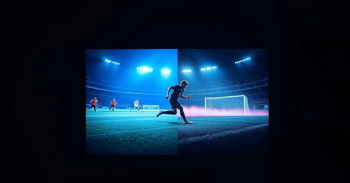 Split beeld van een televisie in een donkere woonkamer: één helft toont een scherpe voetbalwedstrijd, de andere helft een haperende, pixelige stream, met een streamingbox en router op de voorgrond