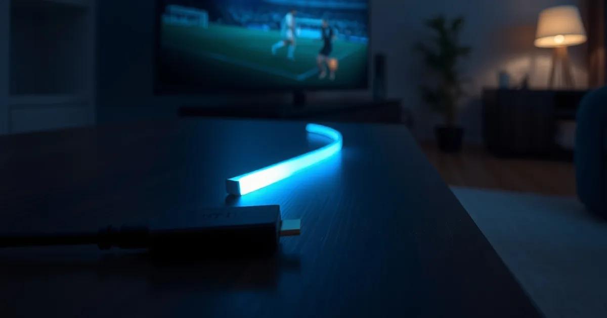 Een compacte streaming stick in de HDMI-poort van een televisie, met een voetbalwedstrijd zichtbaar op het scherm in een donkere woonkamer.