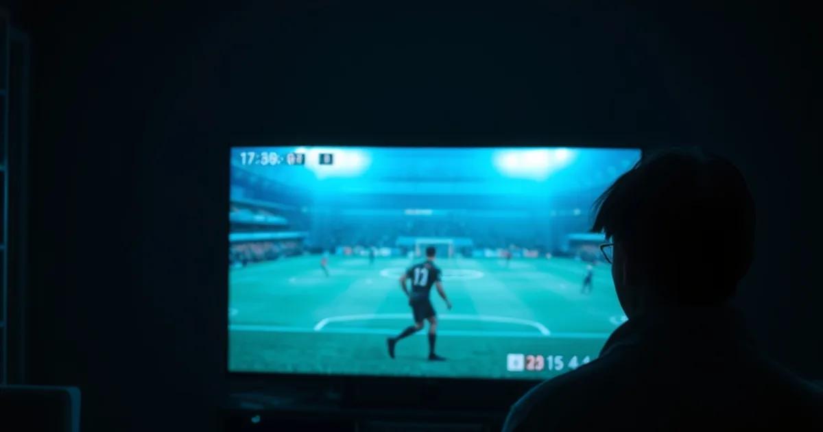 Donkere huiskamer in de avond met een televisie die blauwgroen stadionlicht uitstraalt, terwijl een silhouet een streaming-apparaat instelt.