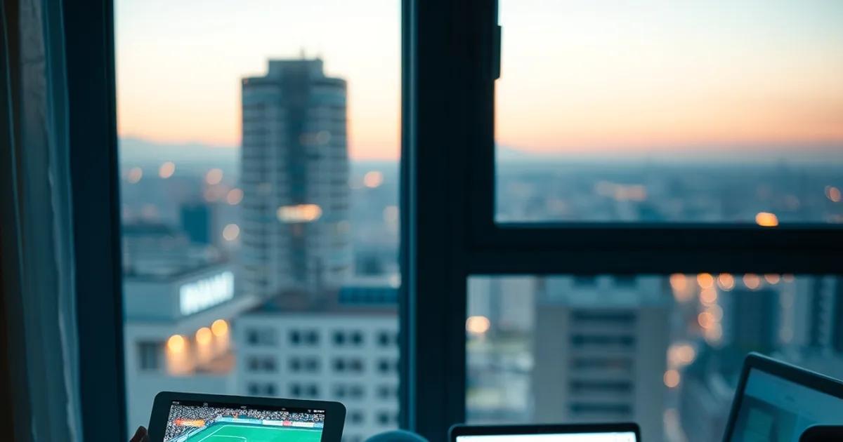 Iemand kijkt op donderdagavond via tablet en telefoon naar twee voetbalwedstrijden tegelijk, met een laptop met werk nog open op de achtergrond