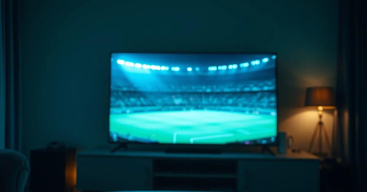 Donkere huiskamer met een televisiescherm dat het licht van een voetbalveld weerspiegelt, met een afstandsbediening en twee telefoons op de salontafel als symbool voor het vergelijken van streamingopties.