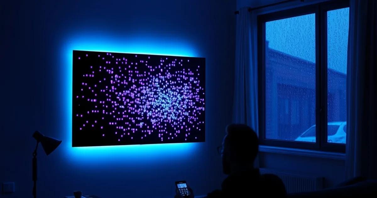 Silhouet van een kijker op de bank voor een gloeiend tv-scherm in een donkere woonkamer, sfeerbeeld bij gratis versus betaalde IPTV