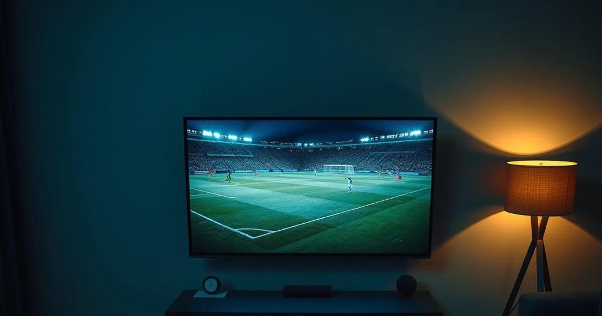 Donkere huiskamerscène met een televisie die een voetbalwedstrijd toont, omringd door meerdere afstandsbedieningen en facturen op de salontafel, als symbool voor het vergelijken van IPTV-kostenstrategieën.