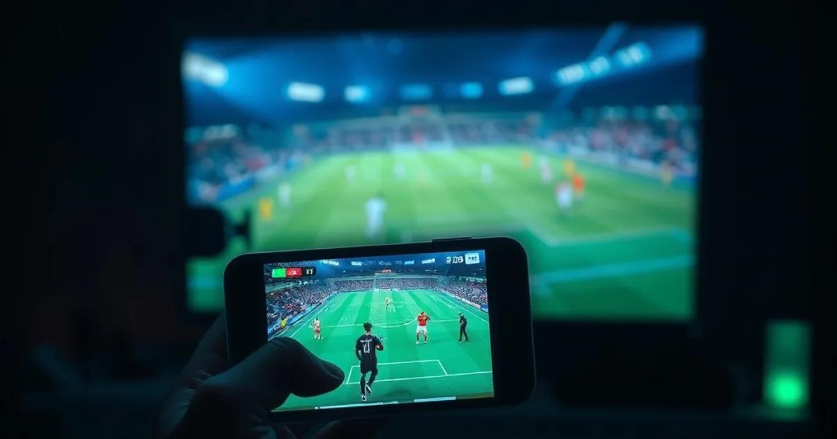 Close-up van een iPhone die een live voetbalwedstrijd streamt, met op de achtergrond een televisie die hetzelfde beeld toont in een donkere kamer
