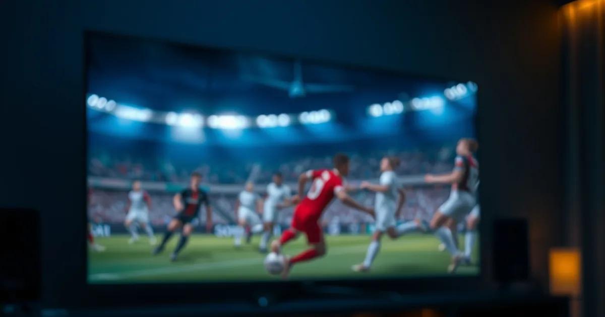 Donkere woonkamer met een Android TV-box en externe SSD aangesloten, met een televisie op de achtergrond die een gepauzeerde voetbalwedstrijd toont.