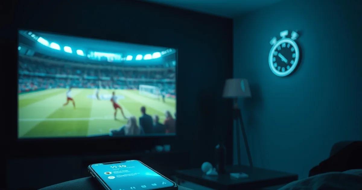 Donkere huiskamer met een tv die een voetbalwedstrijd toont en een telefoon met een chatgesprek op de bank, sfeerbeeld voor het testen van een streamingdienst