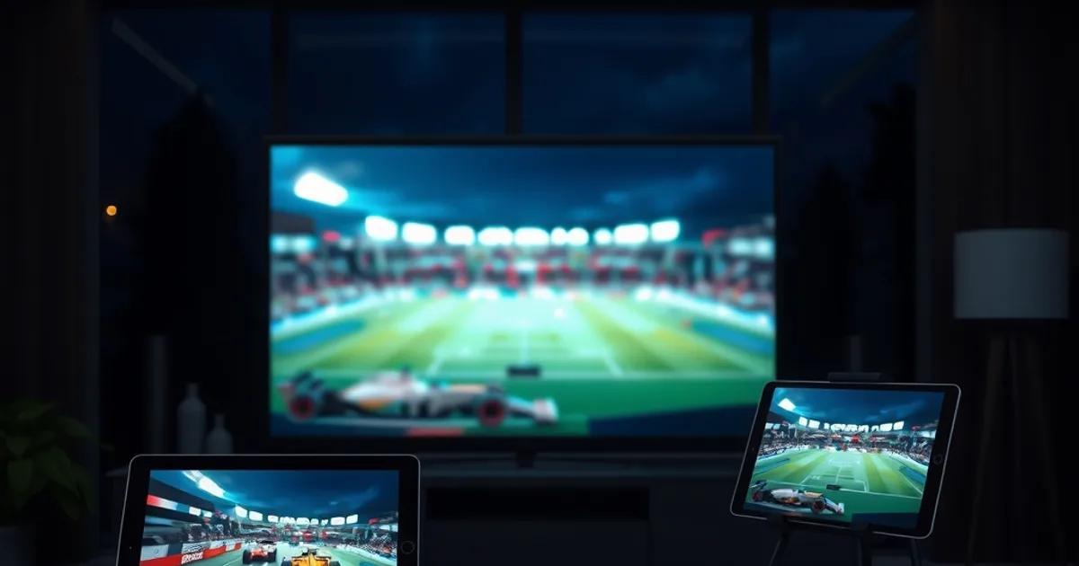 Donkere woonkamer met op de tv een voetbalwedstrijd onder stadionverlichting en op een tablet ernaast een Formule 1-race, beide schermen verlicht in een schemerige ruimte