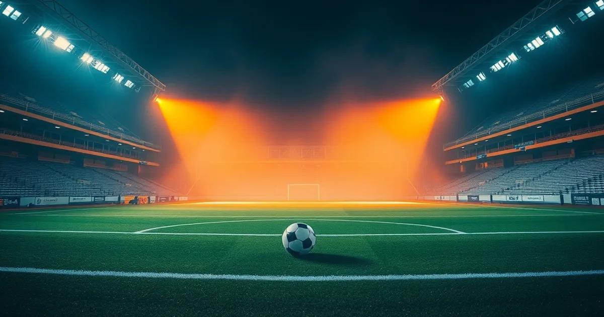 Verlicht voetbalstadion in de avond met oranje sfeerverlichting boven een lege grasmat, sfeerbeeld voor het seizoen van de Oranje Leeuwinnen