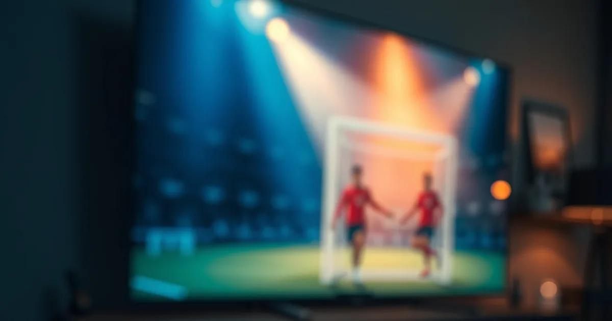 Fire TV-afstandsbediening op een donkere leuning met een televisie op de achtergrond die vaag een voetbalveld toont