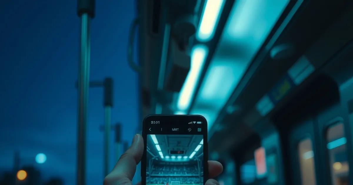 Close-up van een hand die een voetbalwedstrijd streamt op een smartphone tijdens een treinreis in de avondschemering