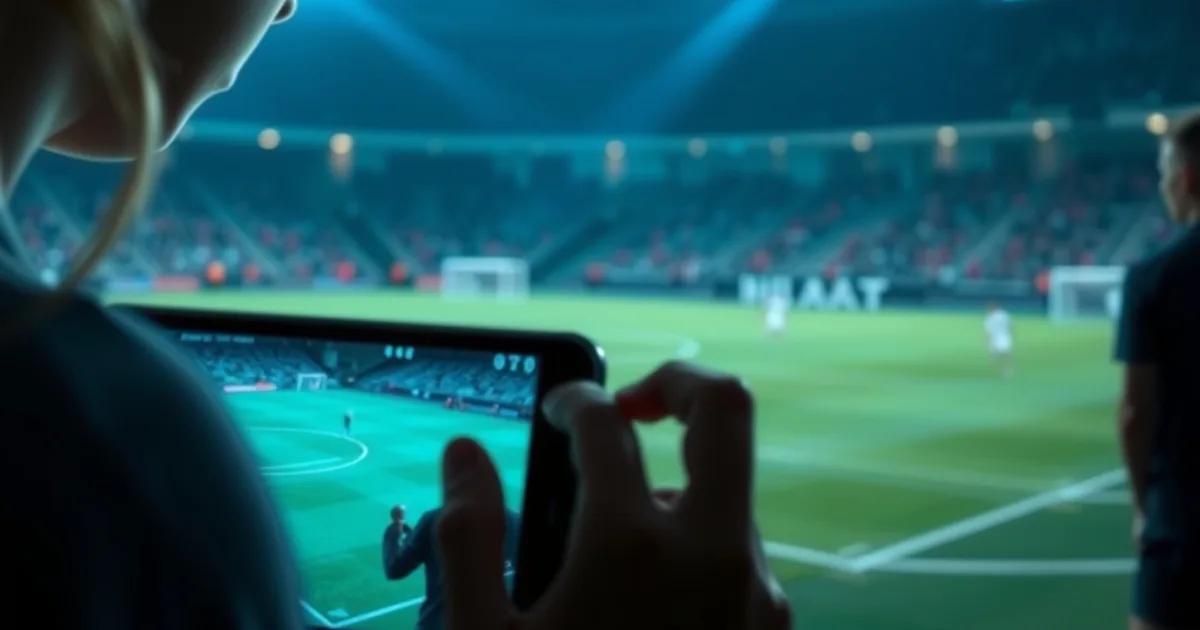 Vrouwenvoetbalwedstrijd onder stadionverlichting, gezien via een oplichtend smartphonescherm op de voorgrond