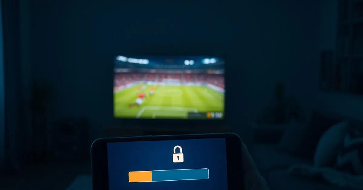 Donkere huiskamer met een tv die een voetbalwedstrijd toont, terwijl een smartphone op de voorgrond een vergrendeld streamscherm laat zien.