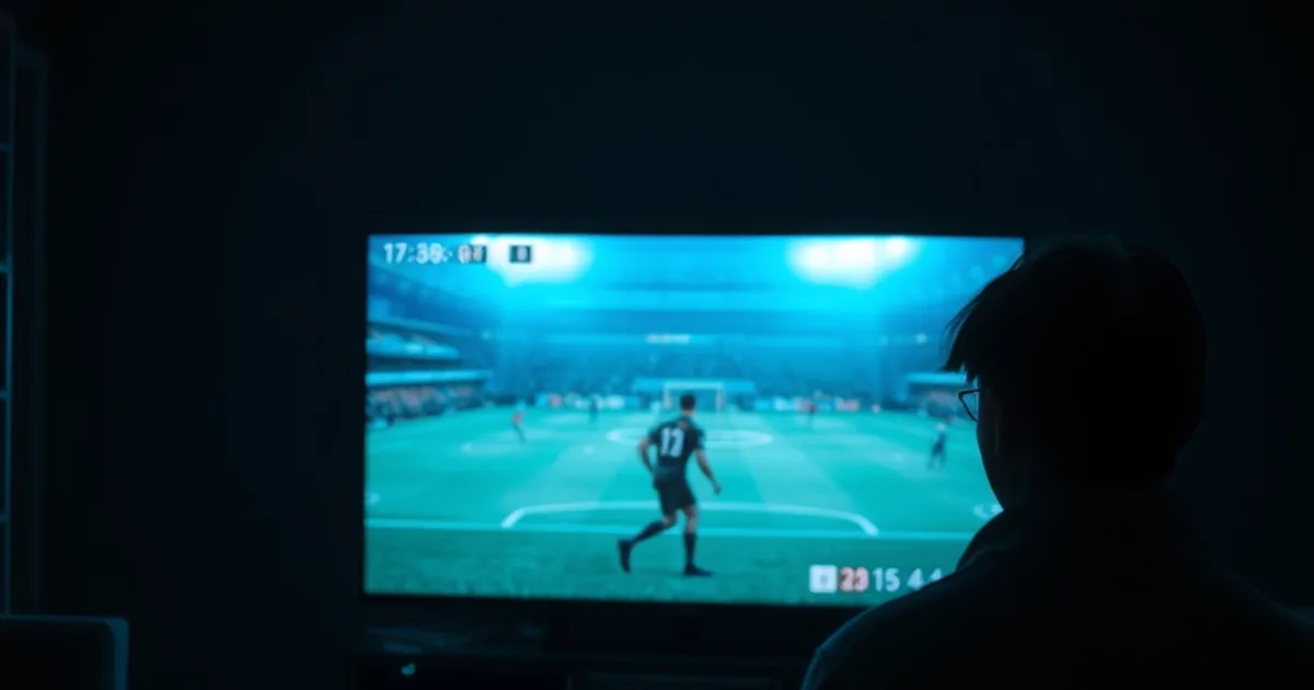 Donkere huiskamer in de avond met een televisie die blauwgroen stadionlicht uitstraalt, terwijl een silhouet een streaming-apparaat instelt.