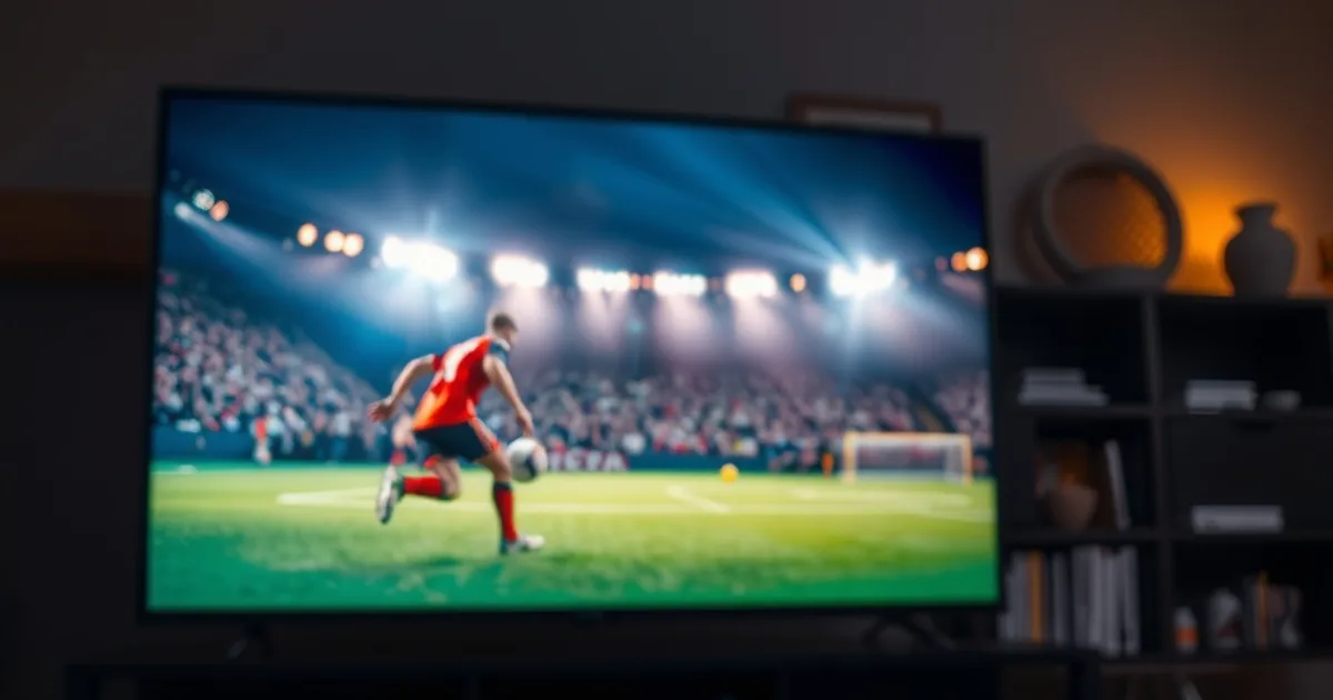 Donkere woonkamer met een 4K-tv die een voetbalwedstrijd toont, een streamingstick in de hdmi-poort en een zacht oplichtende mesh-router op de achtergrond.