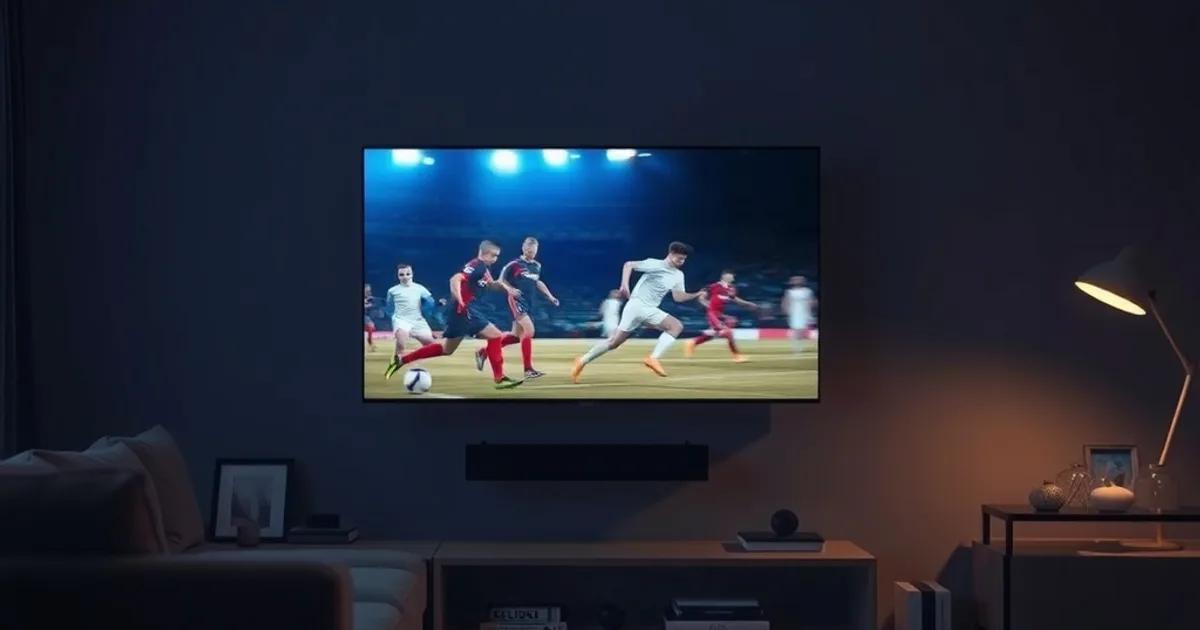 Donkere woonkamer met een televisie die een voetbalwedstrijd in beeld toont, met een subtiel verschil in scherpte zichtbaar op het scherm