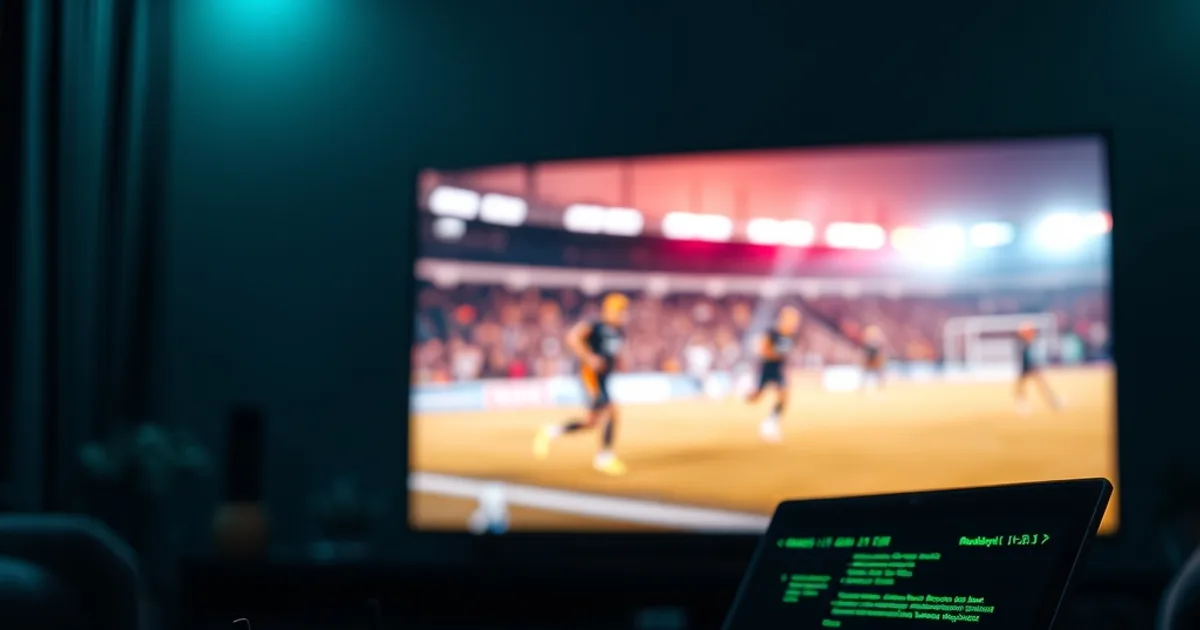 Donkere woonkamer met een televisie die een voetbalwedstrijd toont naast een laptop met een netwerkdiagnose en een router met knipperende lampjes