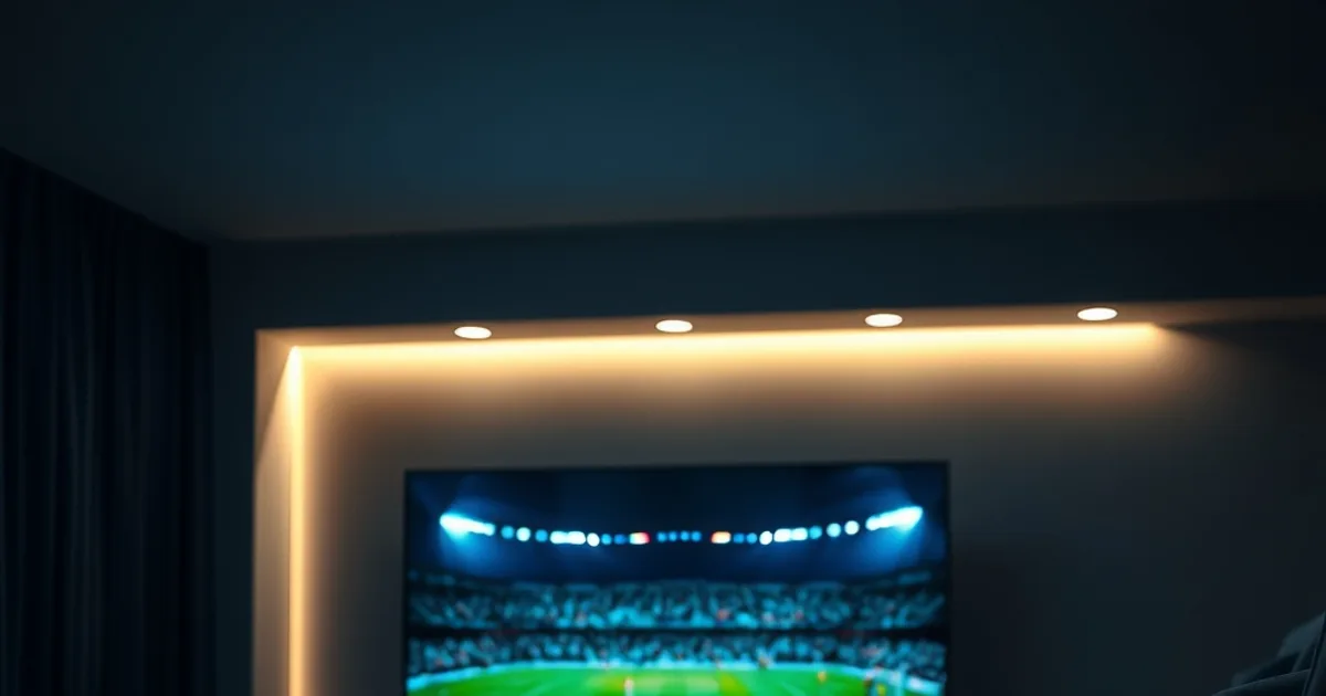 Donkere woonkamer met een tv en een tablet die tegelijk twee verschillende voetbalwedstrijden tonen, sfeervol verlicht door het schermlicht