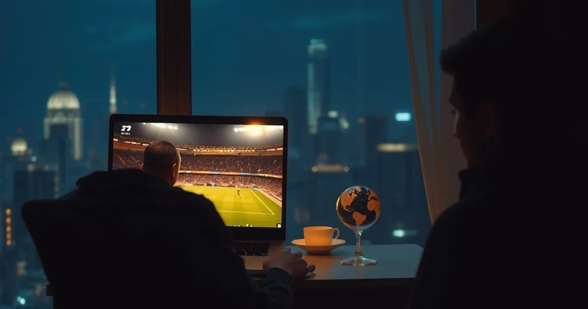 Iemand kijkt naar een voetbalwedstrijd op een laptop in een appartement in het buitenland, met een stadssilhouet zichtbaar door het raam in de avond