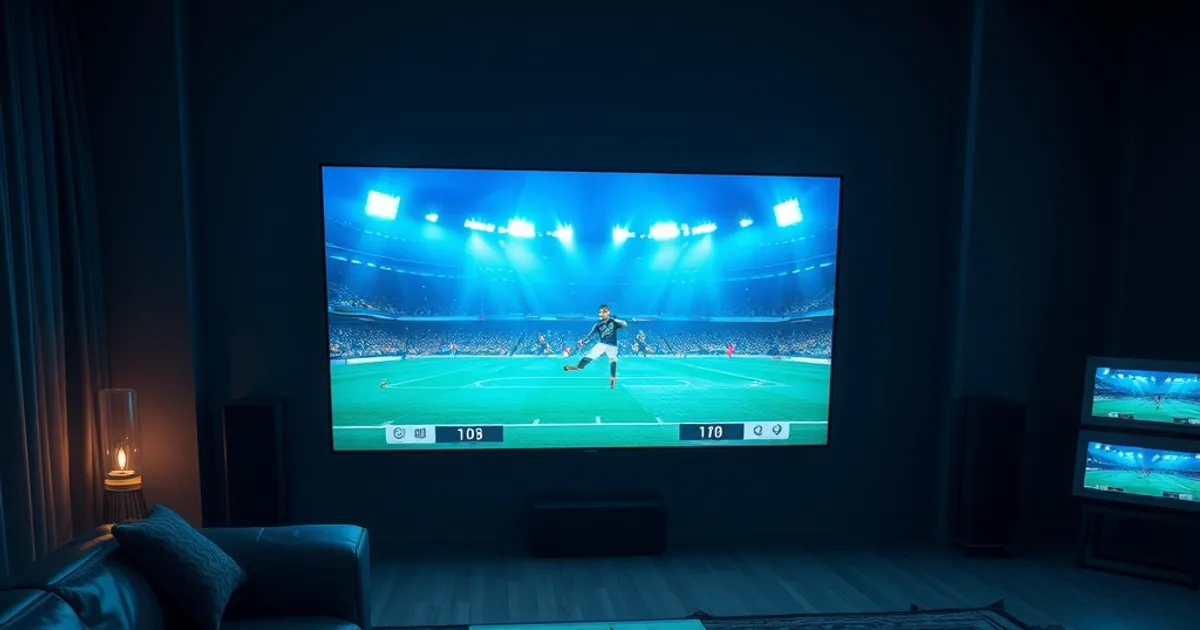 Donkere woonkamer waarin een groot scherm en een tweede apparaat allebei een live voetbalwedstrijd tonen, met sfeervol blauw schijnsel