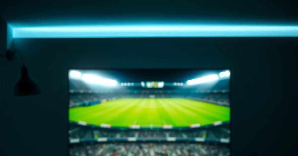 Donkere huiskamer in de avond met een tv die een voetbalveld toont en een streaming-apparaat aangesloten op de tv