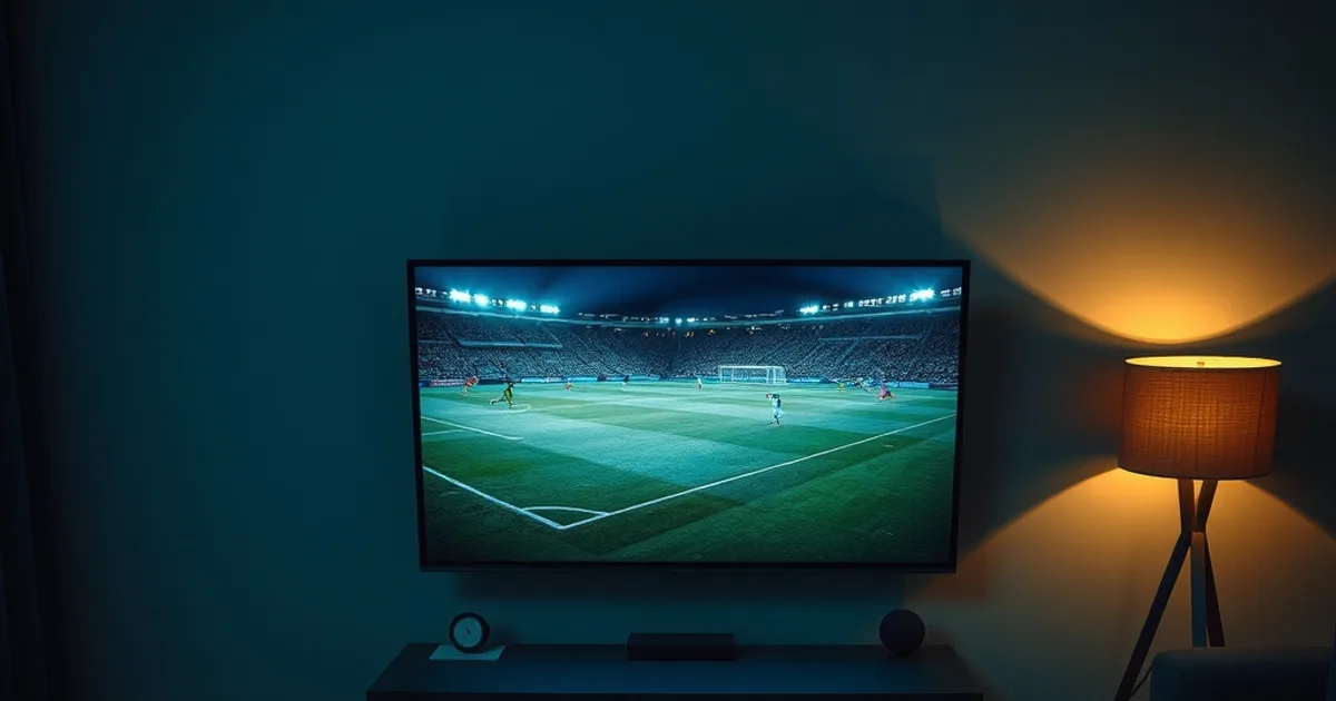 Donkere huiskamerscène met een televisie die een voetbalwedstrijd toont, omringd door meerdere afstandsbedieningen en facturen op de salontafel, als symbool voor het vergelijken van IPTV-kostenstrategieën.