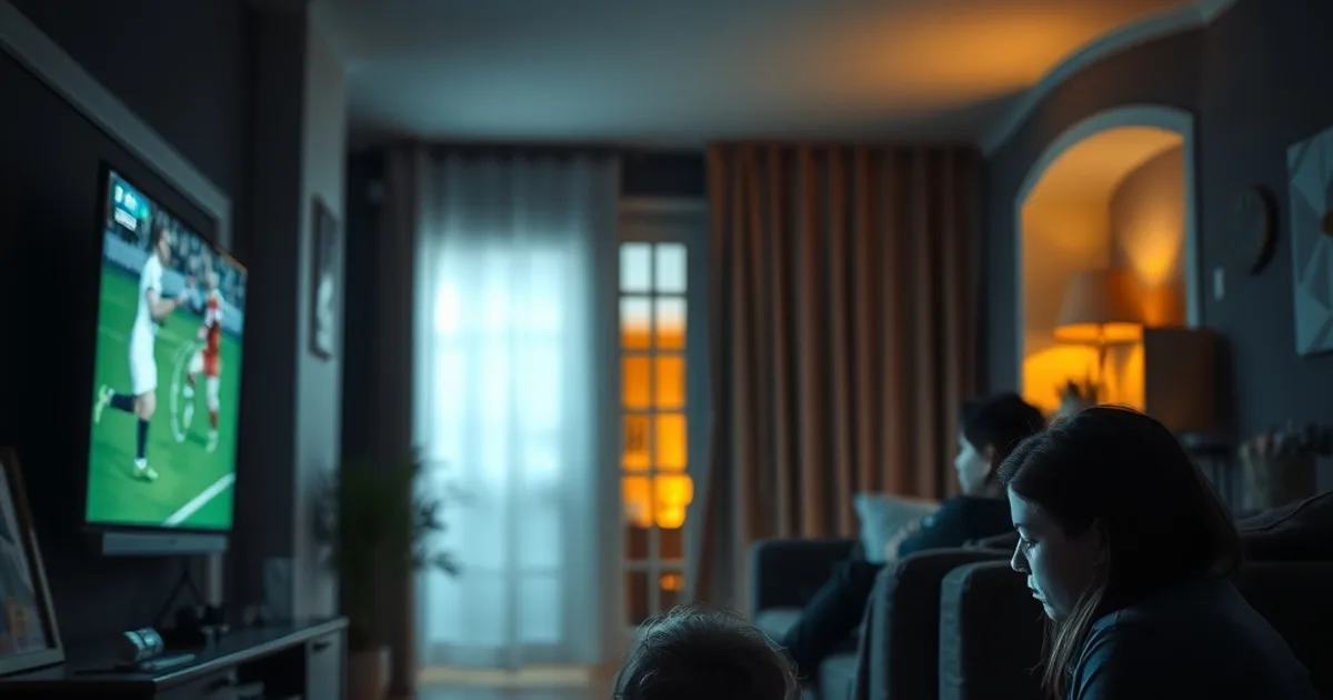 Ouders kijken samen naar voetbal op een groot tv-scherm terwijl een kind op de achtergrond op een tablet tekenfilms bekijkt, in een donkere huiskamer.