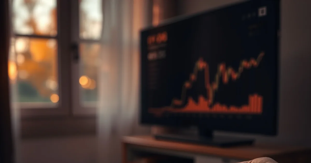 Close-up van een rekenmachine en een streamingstick naast een tv, met een notitieboekje voor jaarbudget op tafel in avondlicht