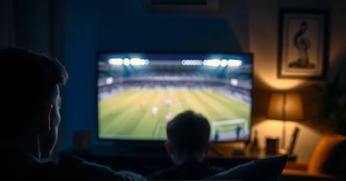 Donkere huiskamer 's avonds waar een ouder en kind samen naar voetbal kijken, met op de voorgrond een tablet die een pincode-scherm voor kinderslot toont.