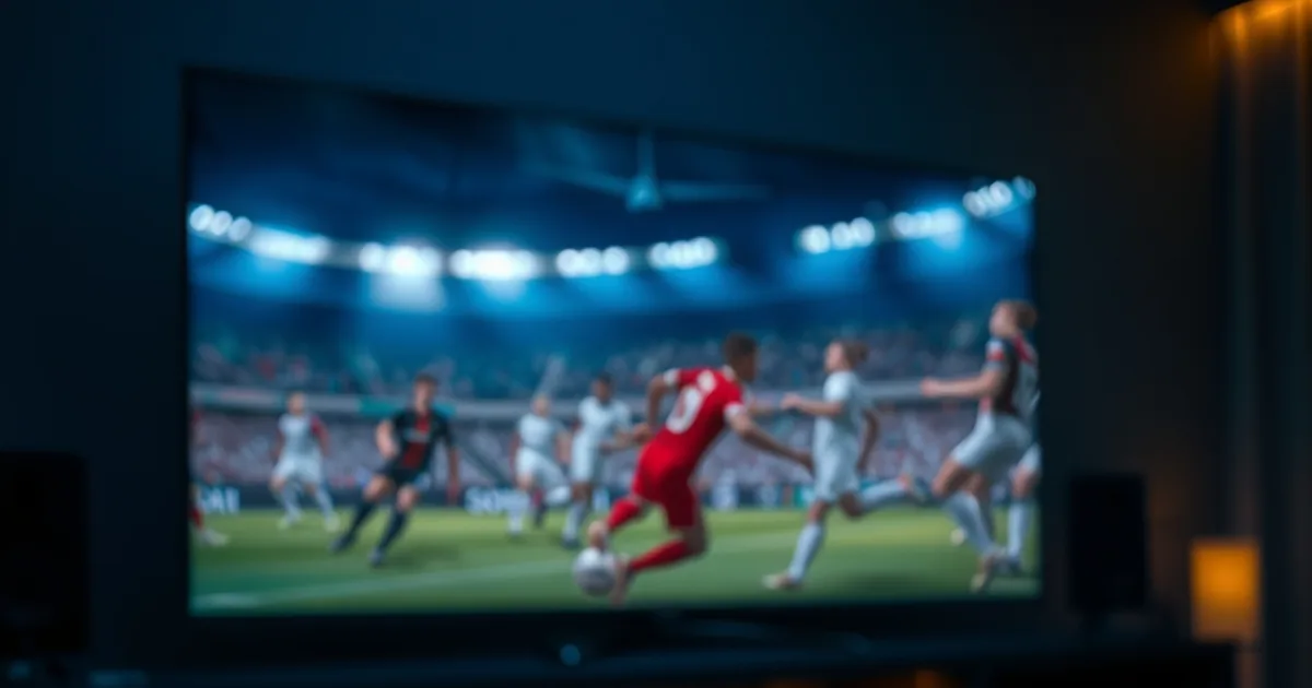 Donkere woonkamer met een Android TV-box en externe SSD aangesloten, met een televisie op de achtergrond die een gepauzeerde voetbalwedstrijd toont.