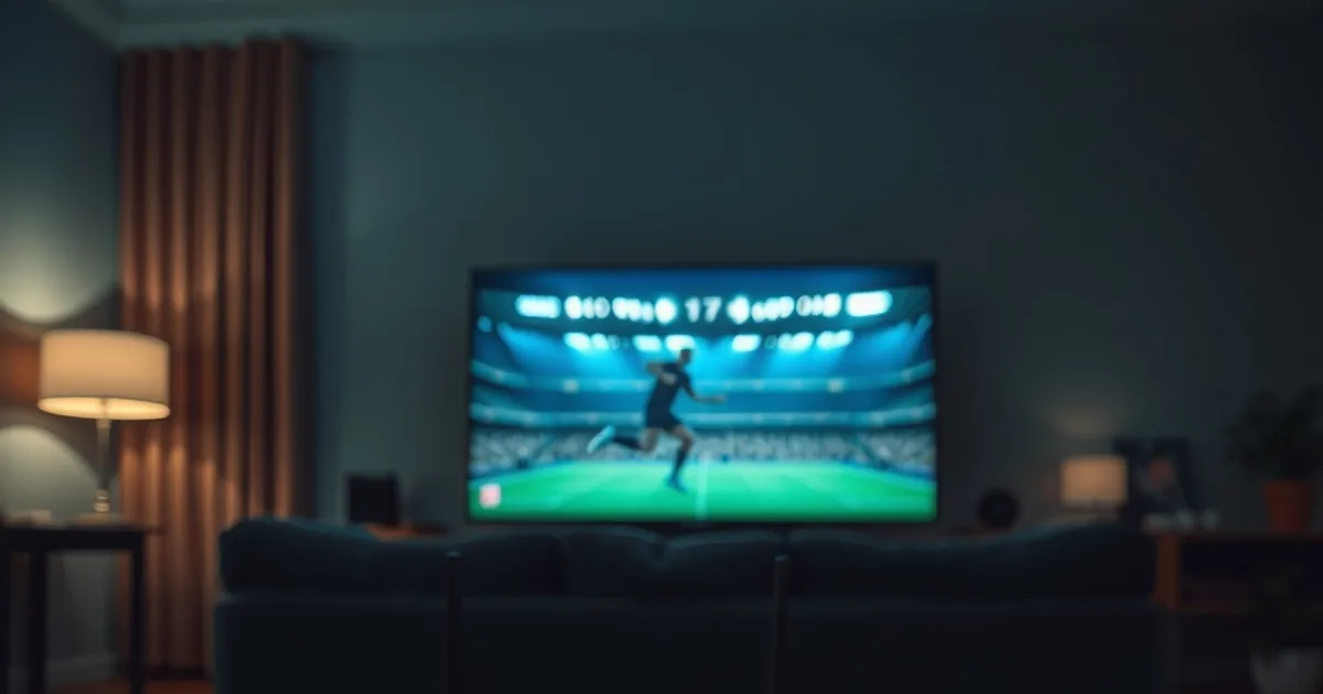 Donkere huiskamer 's avonds met een televisie die een voetbalwedstrijd toont, een knipperende router op de voorgrond en een smartphone met een bevroren laadscherm ernaast