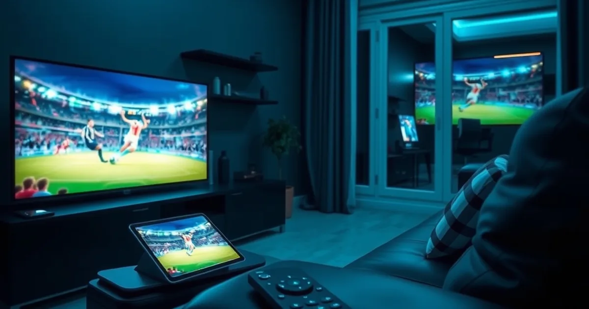 Donkere huiskamer 's avonds met meerdere schermen tegelijk actief tijdens een voetbalavond