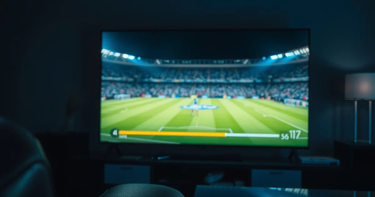 Donkere woonkamer 's avonds met een tv-scherm dat een gepauzeerde voetbalwedstrijd met tijdlijnbalk toont
