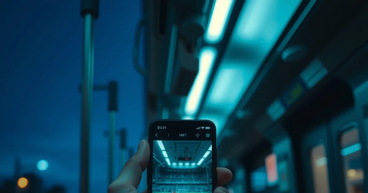 Close-up van een hand die een voetbalwedstrijd streamt op een smartphone tijdens een treinreis in de avondschemering