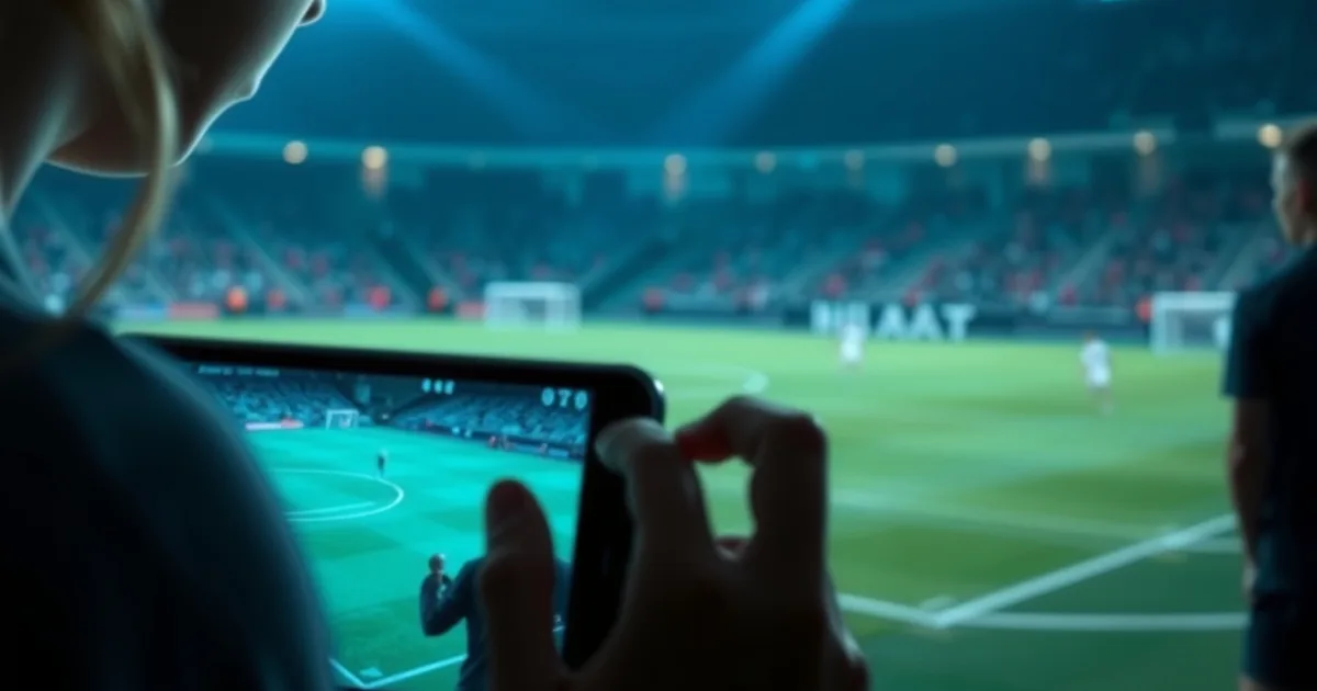 Vrouwenvoetbalwedstrijd onder stadionverlichting, gezien via een oplichtend smartphonescherm op de voorgrond