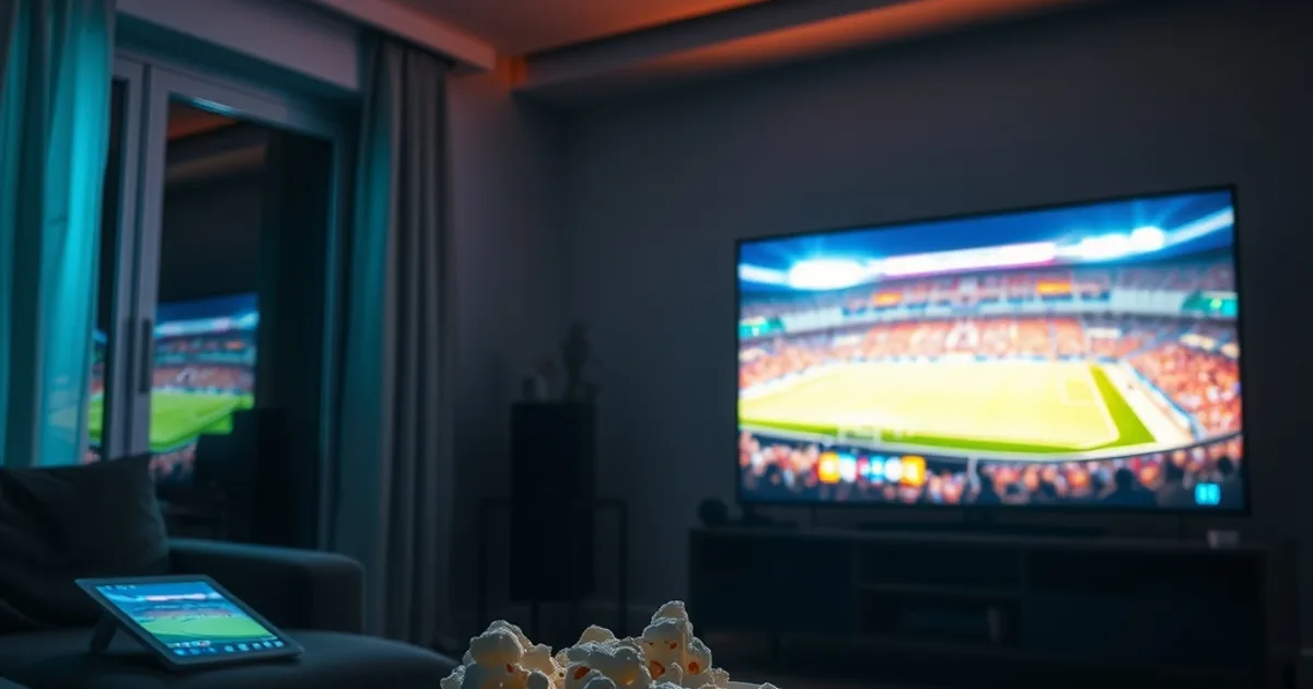 Donkere huiskamer 's nachts, tv en tablet gloeien met stadionlicht tijdens een WK-wedstrijd, sfeervolle setting voor groepskijken.