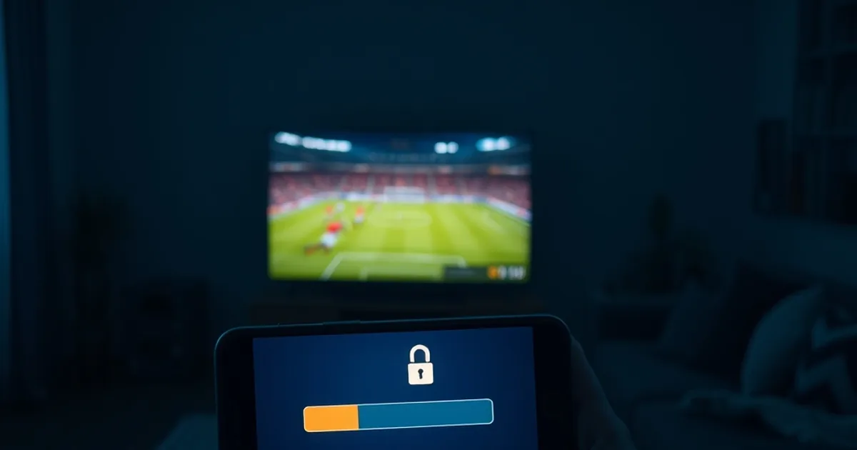 Donkere huiskamer met een tv die een voetbalwedstrijd toont, terwijl een smartphone op de voorgrond een vergrendeld streamscherm laat zien.