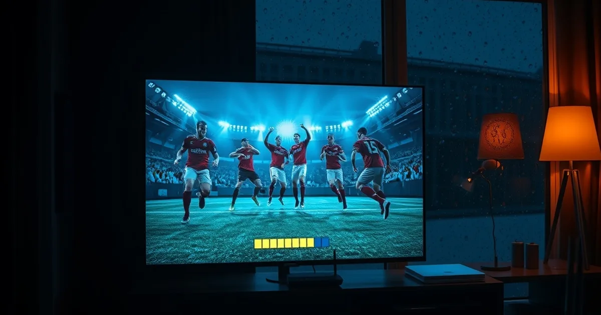 Een schemerige huiskamer met een televisie die een bufferende Eredivisie-wedstrijd toont, met een router op de voorgrond tijdens de zondagmiddagpiek